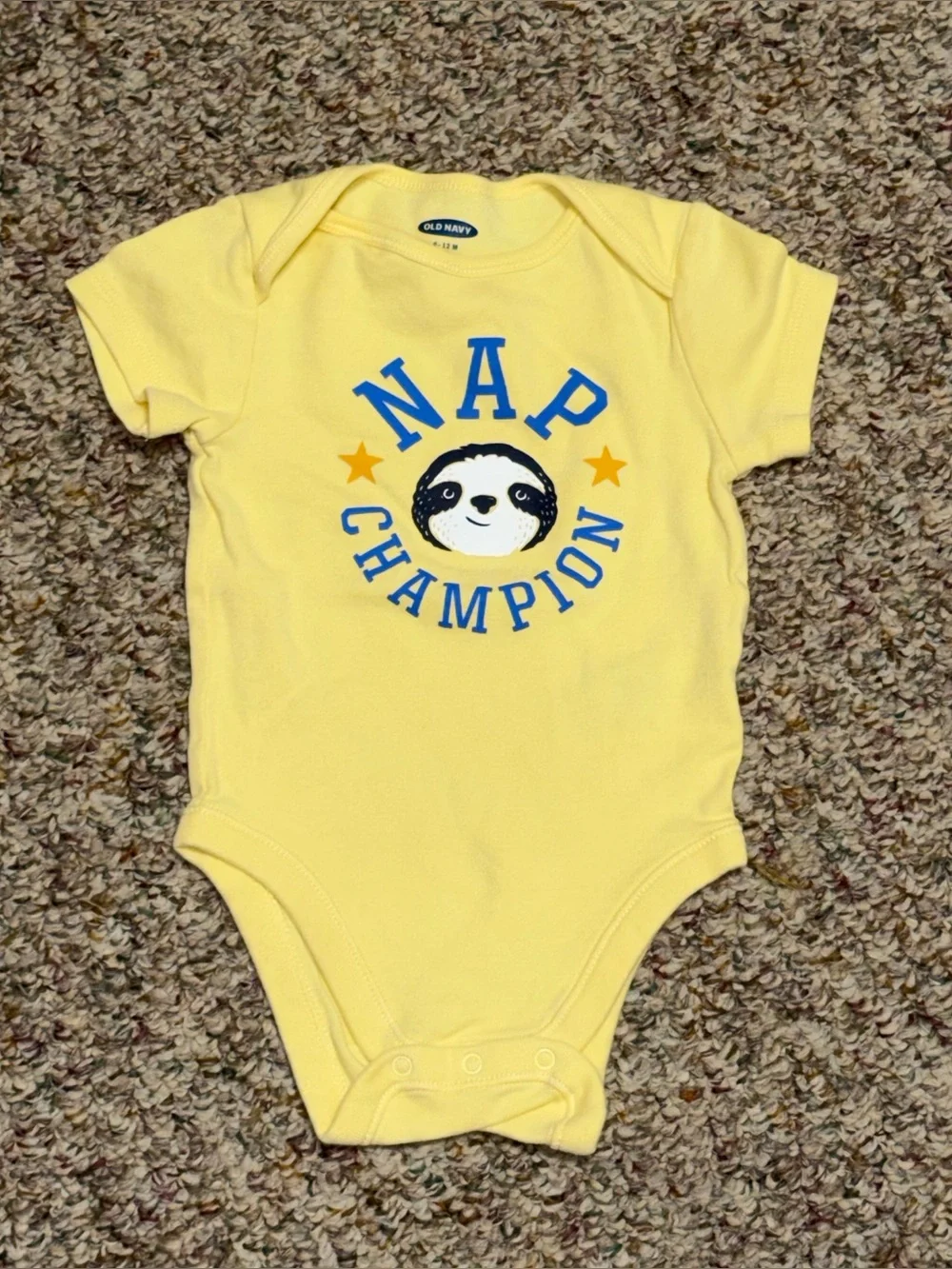 Boys girls 6-12 months shirt Old Navy Yellow 'Nap Champion' Baby One-Piece
